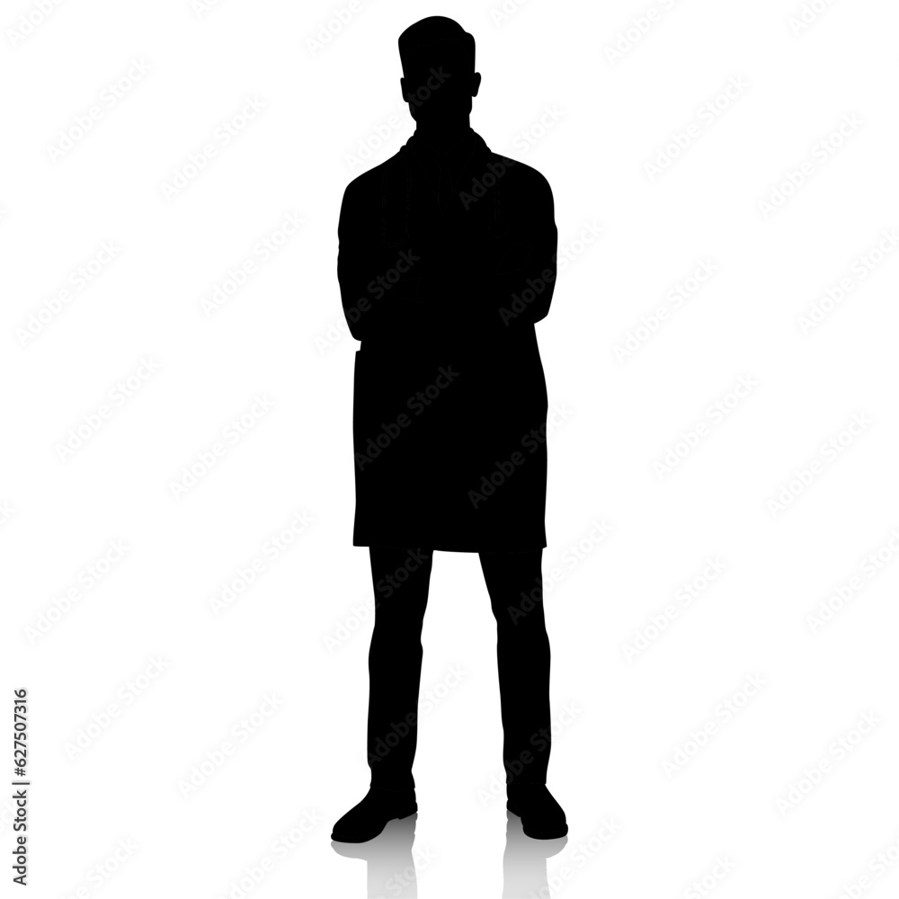 Silhouette of a doctor in a white coat with crossed hands. Male healthcare worker. Hand-drawn vector illustration set isolated on white