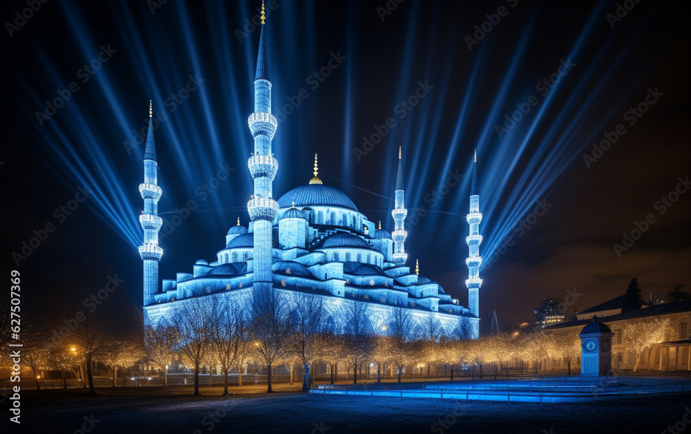 Illuminated minaret symbolizes spirituality in famous Blue Mosque