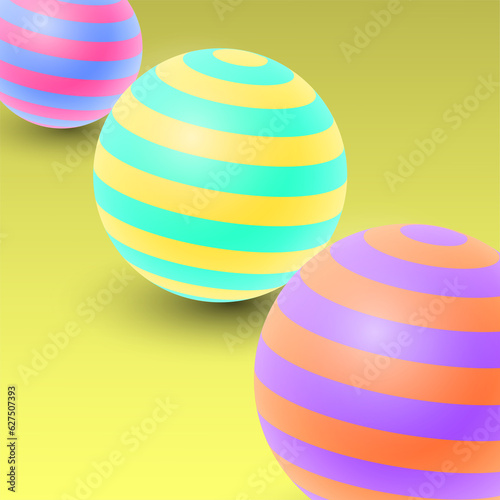 Abstract background with 3d striped spheres. Pink, green, orange  and purple soft bubbles. Vector illustration of balls textured   striped pattern. Modern cover concept. Decoration element for banner 
