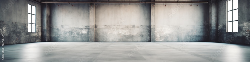 Fototapeta premium Concrete floor inside industrial building. Use as large factory, warehouse, storehouse, hangar or plant, empty space for industry background, extra wide