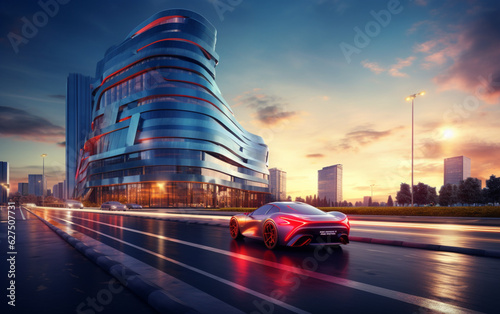 Luxury car speeds by modern building at dusk 
