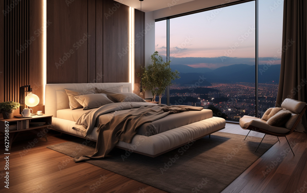 Fototapeta premium Modern apartment bedroom comfortable bed near window