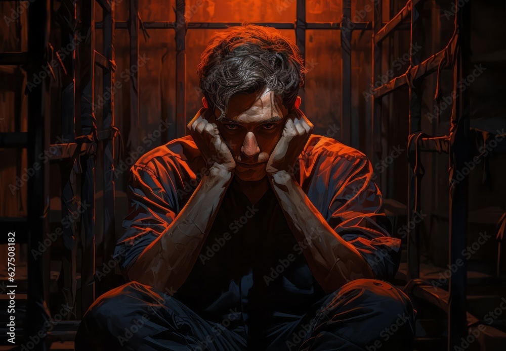 Prisoner hands holding his head