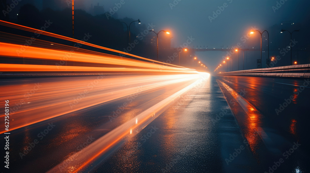 Long-exposure photography of a road at night in the city. Generative AI Long-exposure photography of a road at night in the city. Generative AI