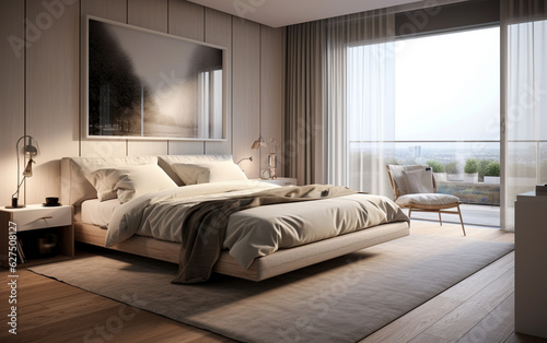 Modern apartment bedroom comfortable bed near window © MUS_GRAPHIC