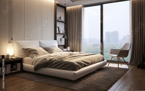 Modern apartment bedroom comfortable bed near window