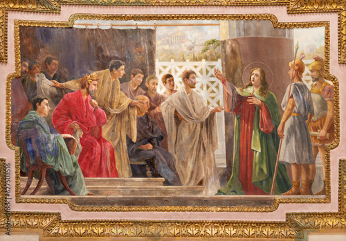 NAPLES, ITALY - APRIL 20, 2023: The fresco of Catherine talking with the philosophers in the presence of the prefect Rufus in the church Chiesa di Santa Caterina a Chiaia by Gustavo Girosi (1909). photo
