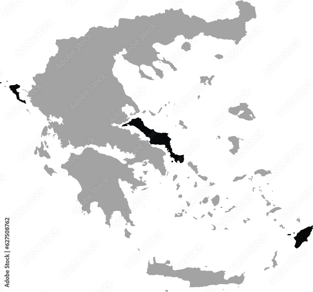 Black map of Rhodes, Euboea and Corfu Islands within the gray map of Greece