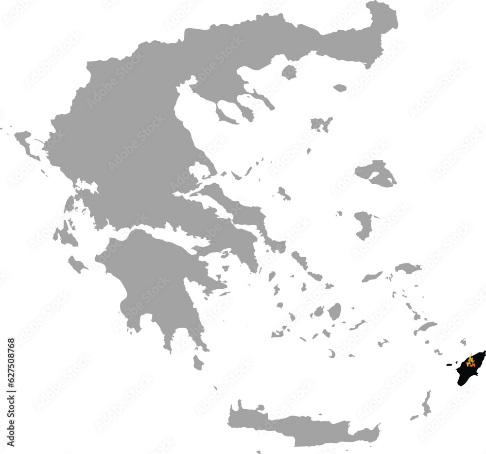 Black map of Rhodes Island with burning flame within the gray map of Greece Black map of Rhodes Island with burning flame within the gray map of Greece