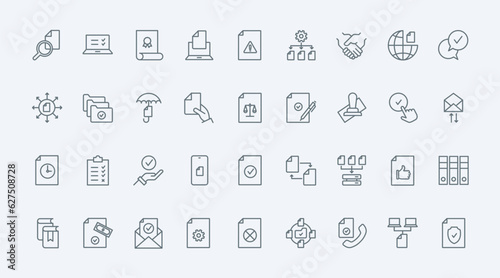 Document approval thin line icons set vector illustration. Outline certificate of quality guarantee for business product, paper with seal and stamp badge to approve audit form or report, agreement