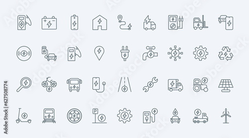 Electric vehicles and energy thin line icons set vector illustration. EV service symbols, electric power efficient consumption, production and storage to save environment, battery charger points