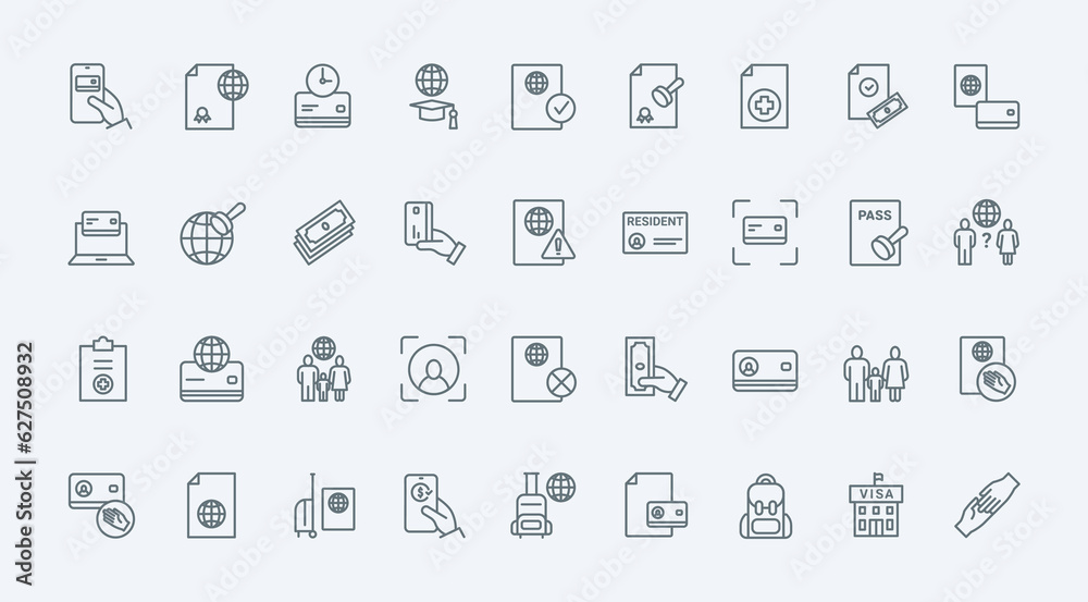 Visa approval and registration thin line icons set vector illustration. Outline symbols of legal documents for immigration or travel to foreign country, work permit license and grants for student Visa approval and registration thin line icons set vector illustration. Outline symbols of legal documents for immigration or travel to foreign country, work permit license and grants for student