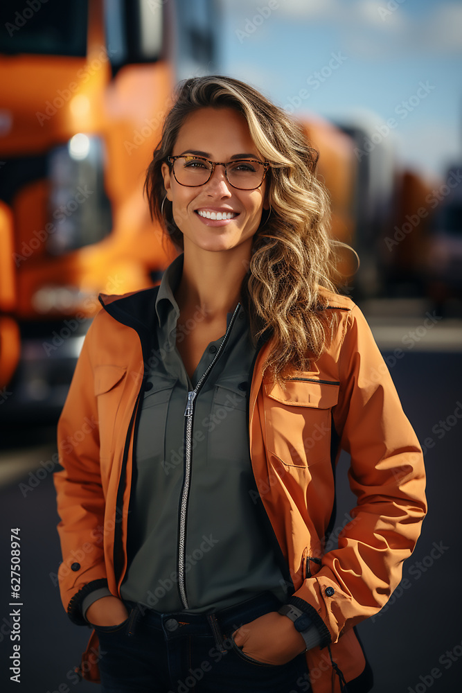 woman truck driver stand in front of the vehicle happy smile confident