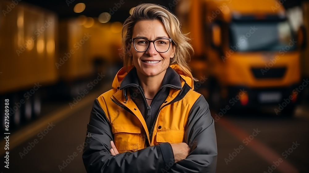 woman truck driver stand in front of the vehicle happy smile confident woman truck driver stand in front of the vehicle happy smile confident