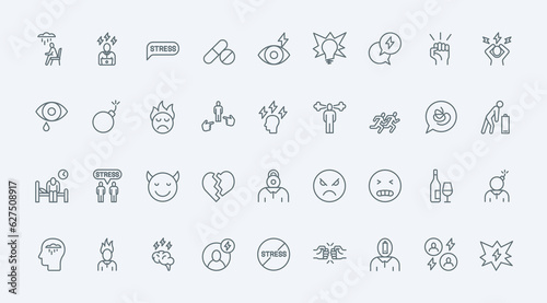 Stress thin line icons set vector illustration. Outline symbols of anxiety and tiredness, hangover and work burnout, tired sick man with low battery, angry and nervous person with steam from head
