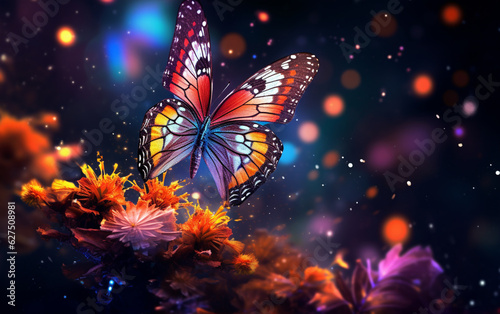 Multi colored butterfly flies among vibrant nature beauty
