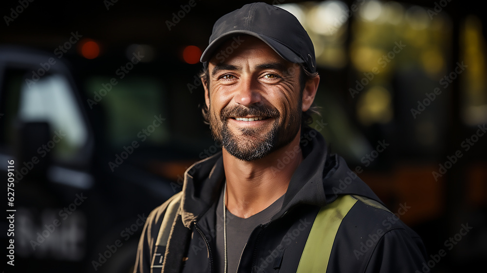 truck driver stand in front of the vehicle happy smile confident