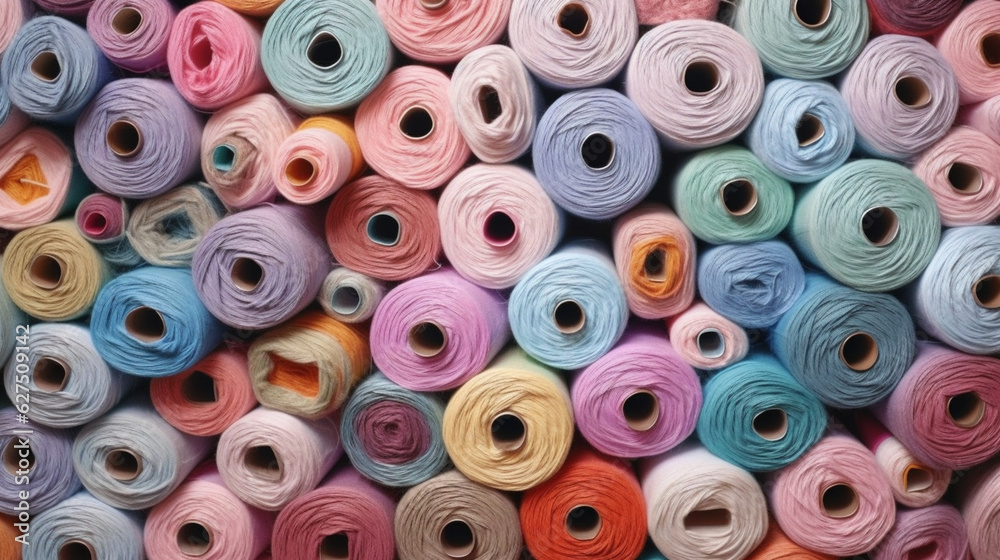 Bobbins of pastel threads. Background of pastel threads. Bobbins and colored threads. Sewing workshop. Thread shop. Pastel colored threads. Thread wall.