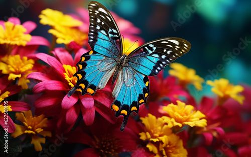 Multi colored butterfly flies among vibrant nature beauty