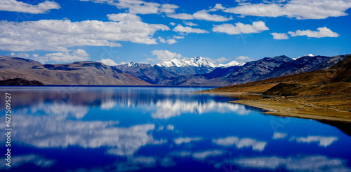 Tso Moriri Lake mirroring the distant snowy peaks with tranquility