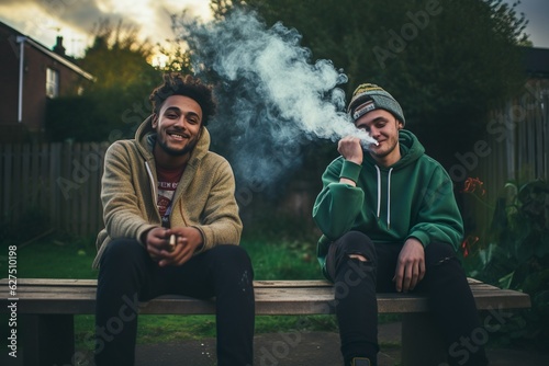 two friends smoking a joint and sitting relaxed on a bench | Generative AI