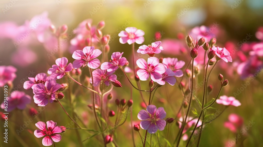 Fototapeta premium Pink wildflowers at sunrise
