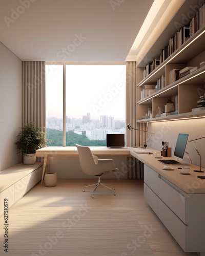 a minimalist office with neutral colors and sleek 