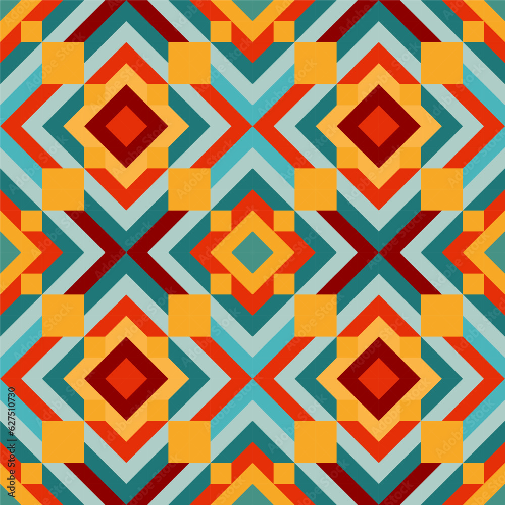 Bright seamless pixel pattern in Mexican style. Vivid tribal geometric triangles and squares ornament. Aztec rug background.