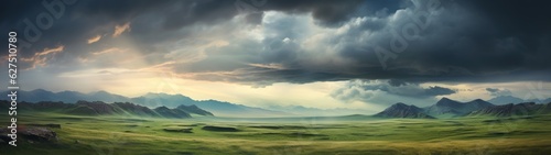 Panoramic view of grassland before a storm, dramatic panorama of a stormy sky over a lush green valley, highlighting nature's contrast and beauty.