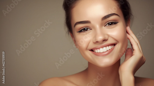 a photo of girl, smilling, with perfect skin ,and mirror for ,skincare company, 