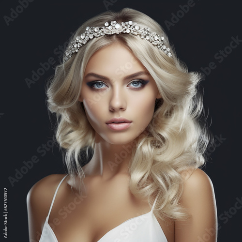 Beautiful blond  woman in image  of the bride with wedding  accessories. Beauty face and Hairstyle  