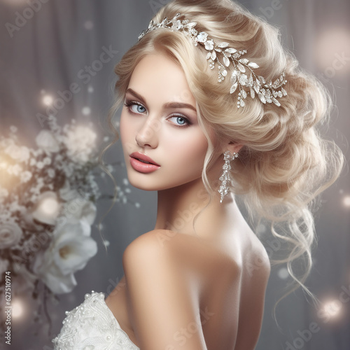 Beautiful blond, woman in image, of the bride with wedding, accessories. Beauty face and Hairstyle, 