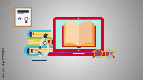 Learning, Education, and Technology: E-Learning Platform on a Laptop, Smartphone App, and Books - 2D Animated Video