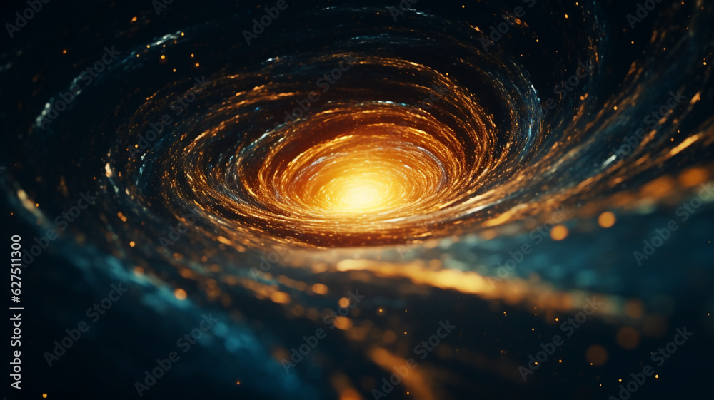 Golden glitter swirl on a dark background, in the style of spiritual landscape. Ai Generative