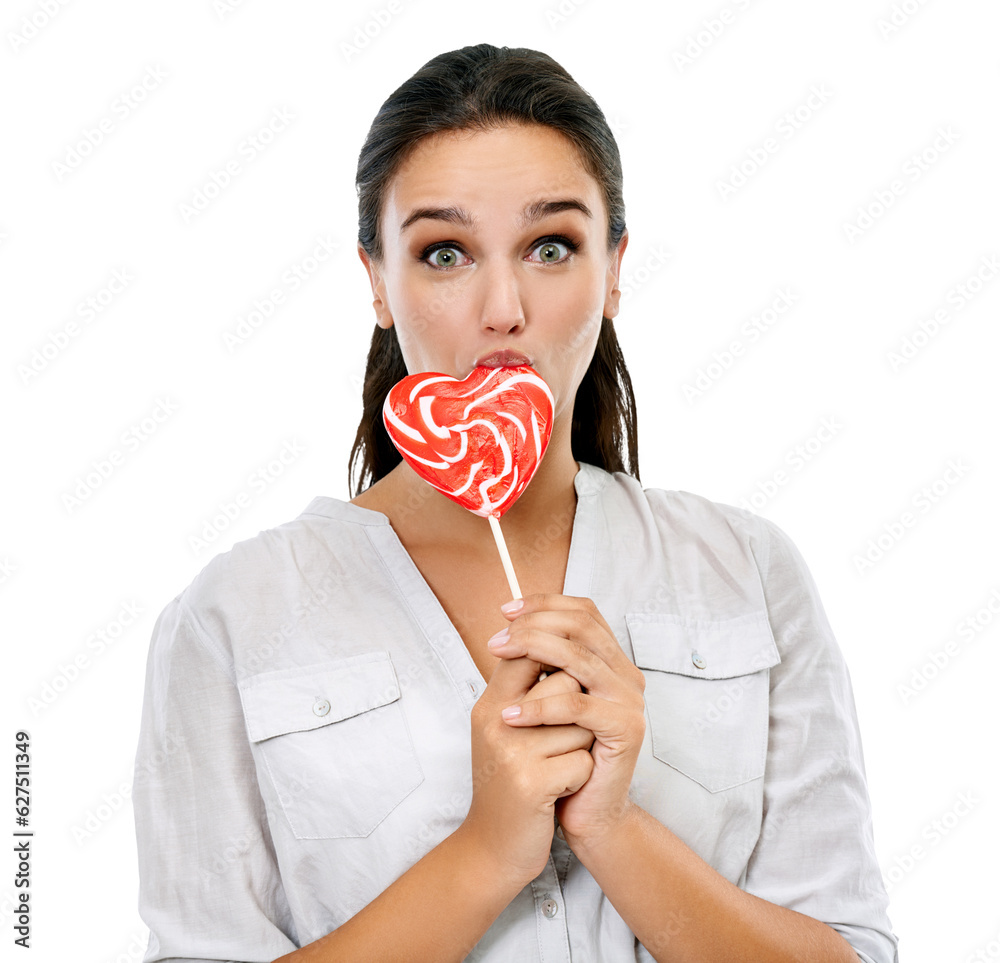 Portrait, excited and woman with a lollipop, candy and happiness with girl isolated against transparent background. Face, female person or model with joy, desert and sugar with sweets craving and png
