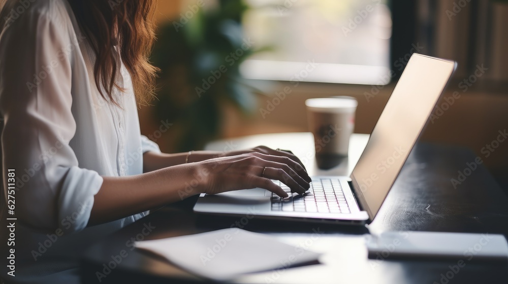 Young woman, girl student using laptop elearning or remote working at home office using laptop. Generative AI Young woman, girl student using laptop elearning or remote working at home office using laptop. Generative AI