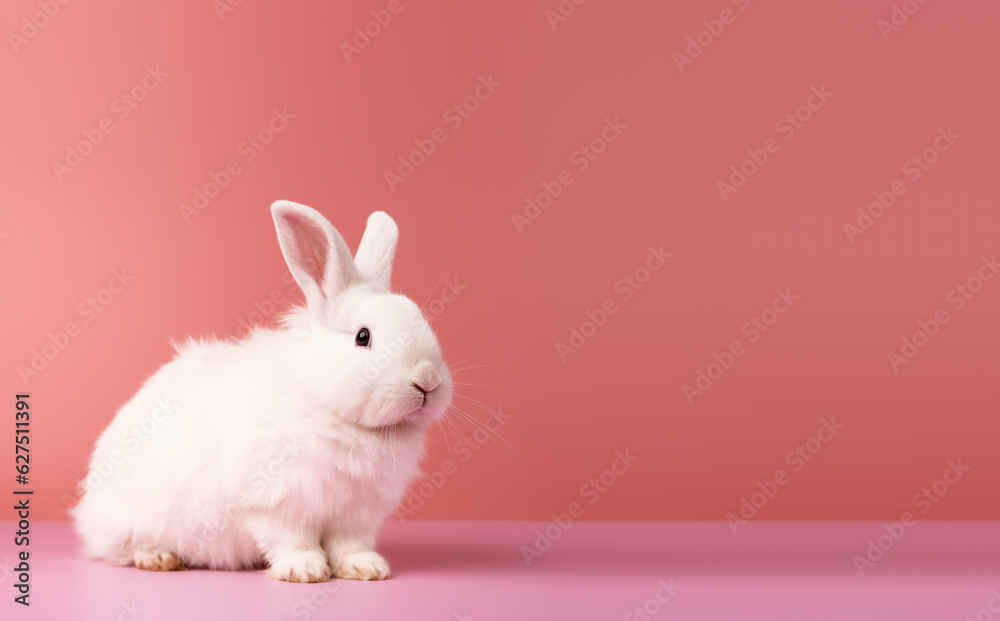 Adorable White Rabbit on Soft Pink Background and Empty Space on the Right Adorable White Rabbit on Soft Pink Background and Empty Space on the Right