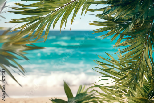 Nature s Frame  Palm Leaves Revealing a Picture-Perfect Beach with Calm Blue Waters