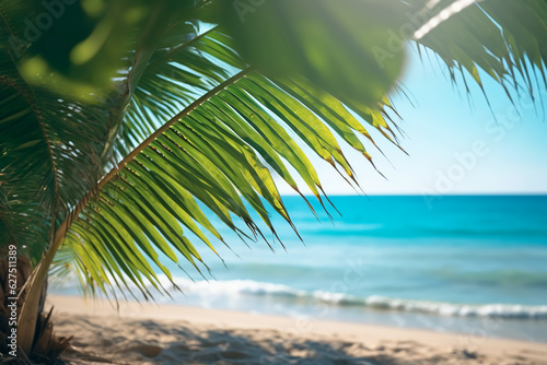 Tropical Paradise: Tranquil Beach View through Palm Leaves with Serene Blue Sea © Ivanna V