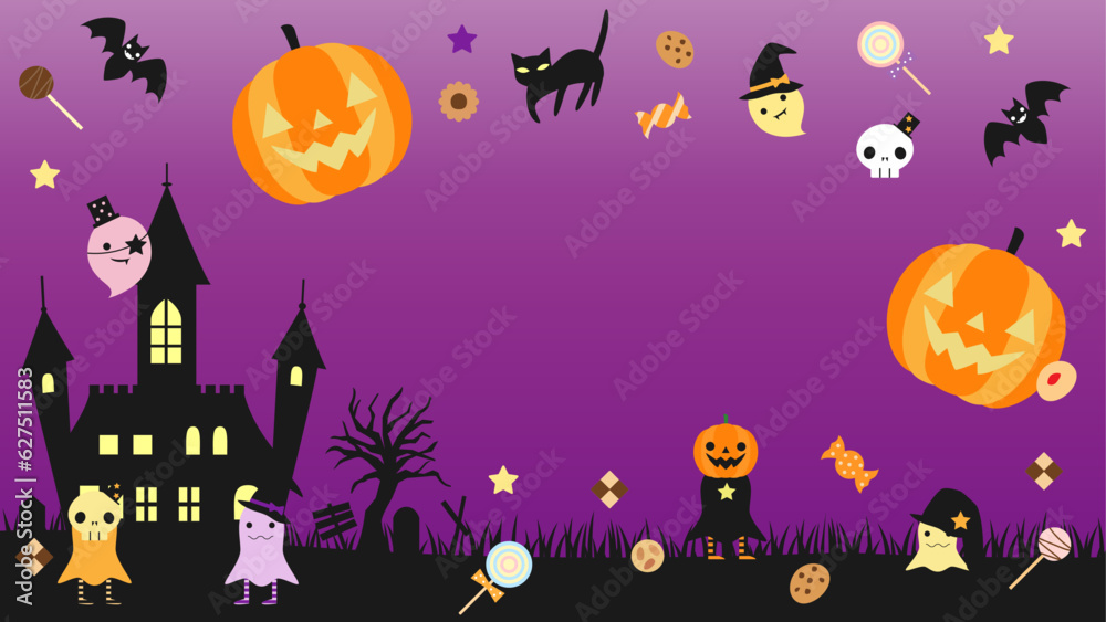 お化けやお菓子などをちりばめたハロウィンのカード アスペクト比16:9バージョン お化けやお菓子などをちりばめたハロウィンのカード アスペクト比16:9バージョン