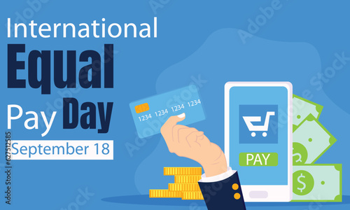 illustration vector graphic of hand holding atm card, showing smartphone and money background, perfect for international day, international equal pay day, celebrate, greeting card, etc.