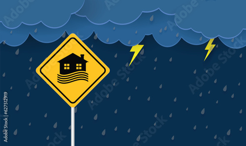 Flood area sign, natural disaster with house, heavy rain and storm , damage with home, clouds and rain, flooding water in city, Flooded house.