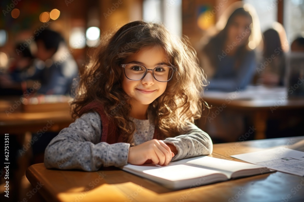 Fototapeta premium Preschooler girl drawing in notebook at table in middle class school education