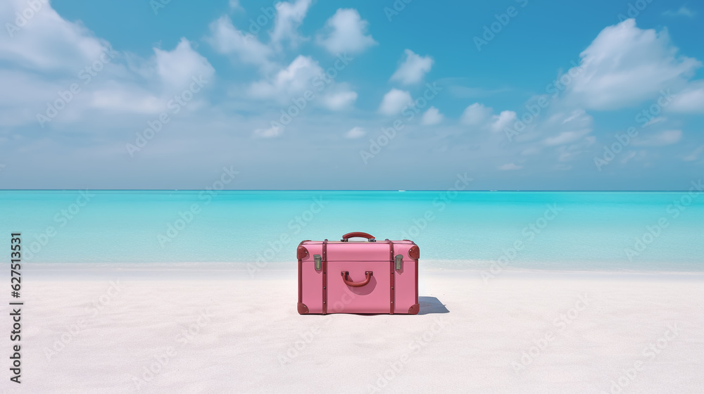 Seaside Escape: Aesthetic Pink Suitcase on White Sandy Beach with Calm Blue Sea and Sunshine Seaside Escape: Aesthetic Pink Suitcase on White Sandy Beach with Calm Blue Sea and Sunshine