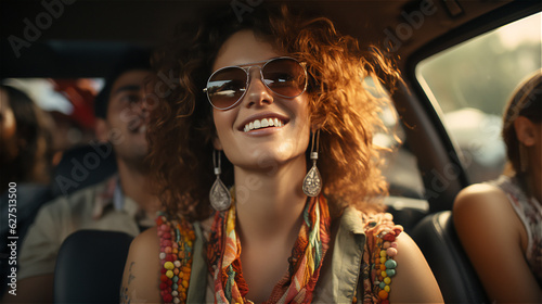 A woman happy with group of friends on a road trip © Sohail