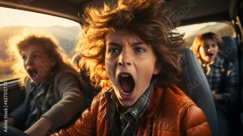 Kids with scared expressions riding in a car. Generative AI.  © Elle Arden 