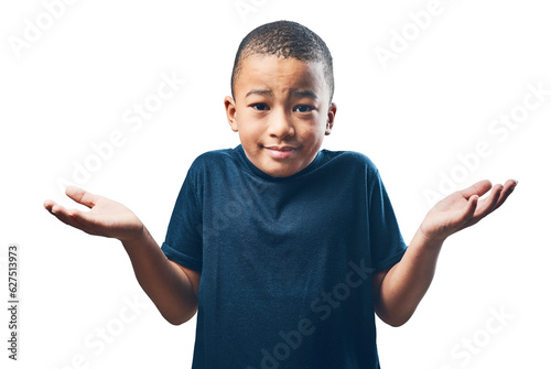 Portrait, cute and boy with doubt, shrug and decision isolated against a transparent background. Face, male child and young person thinking, confused and kid with a choice, png or question with emoji photo