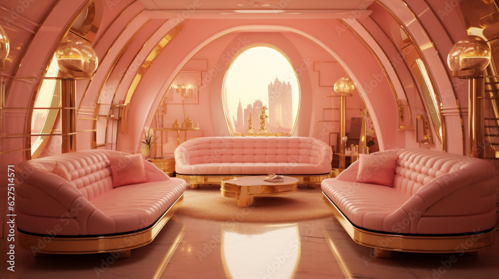 Futuristic rooms in large, luxurious and illuminated spaces. Futuristic, elegant and large sofas ...