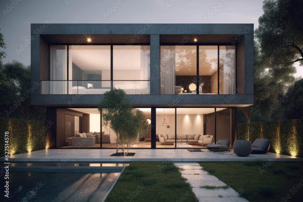 Modern house with minimalist lines, lush garden and infinity pool., generative IA Modern house with minimalist lines, lush garden and infinity pool., generative IA