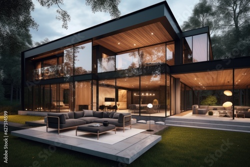 Modern house with minimalist lines, lush garden and infinity pool., generative IA © Lindamar